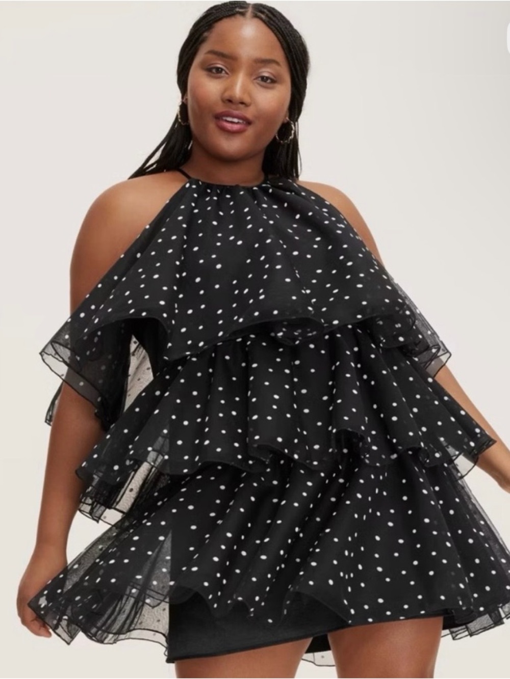 kate spade Black and White Polka Dot Tiered Cold-Shoulder Mini Dress